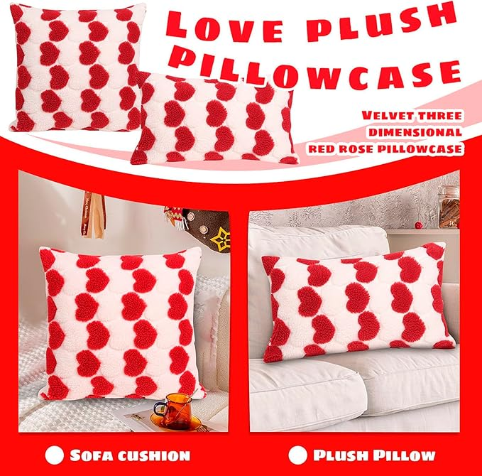 Set of 2 Heart Love Cute Decorative Valentines Throw Pillow Covers 18x18 Inch, Soft Plush Pillow Covers for Couch Sofa Home
