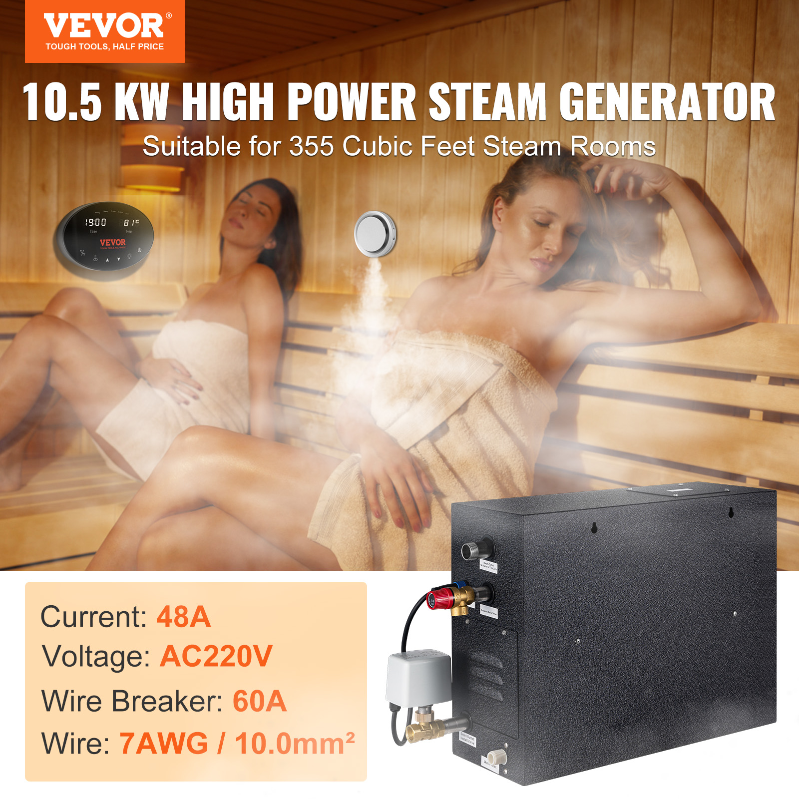 VEVOR Steam Shower Generator, 10.5 kW, Segmented Heating &amp; Temperature Customization &amp; 24h Timer Steam Bath Kit, Automatic Drainage Luxury Home Steam Shower System, Acrylic Room Max. 355 Cu. Ft.