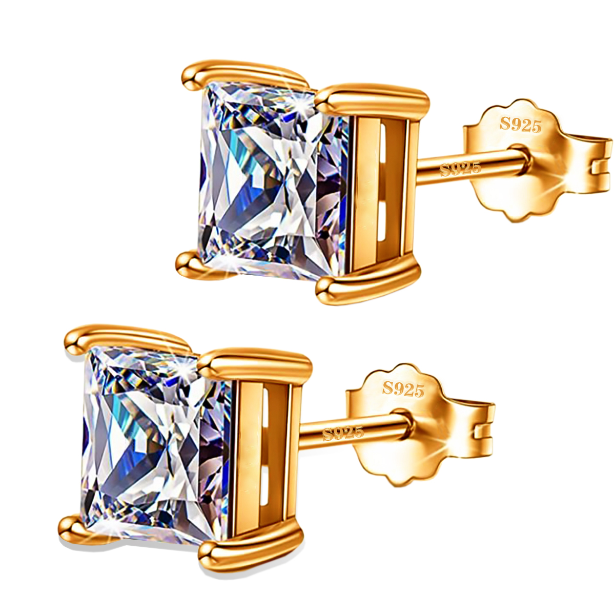 "Emma Manor 925 Sterling Silver Stud Earrings 4 Prong Princess Cut Square Cubic Zirconia Ear Stud for Women Men Girl CZ 4mm-7mm "