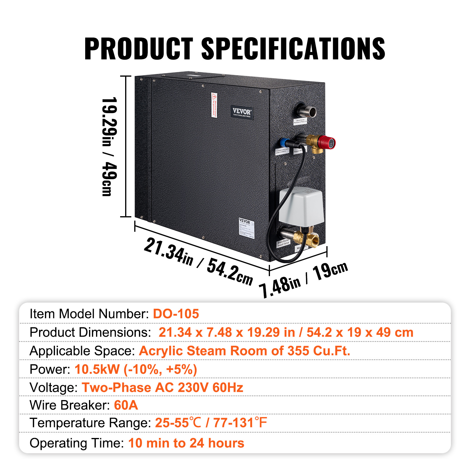 VEVOR Steam Shower Generator, 10.5 kW, Segmented Heating &amp; Temperature Customization &amp; 24h Timer Steam Bath Kit, Automatic Drainage Luxury Home Steam Shower System, Acrylic Room Max. 355 Cu. Ft.
