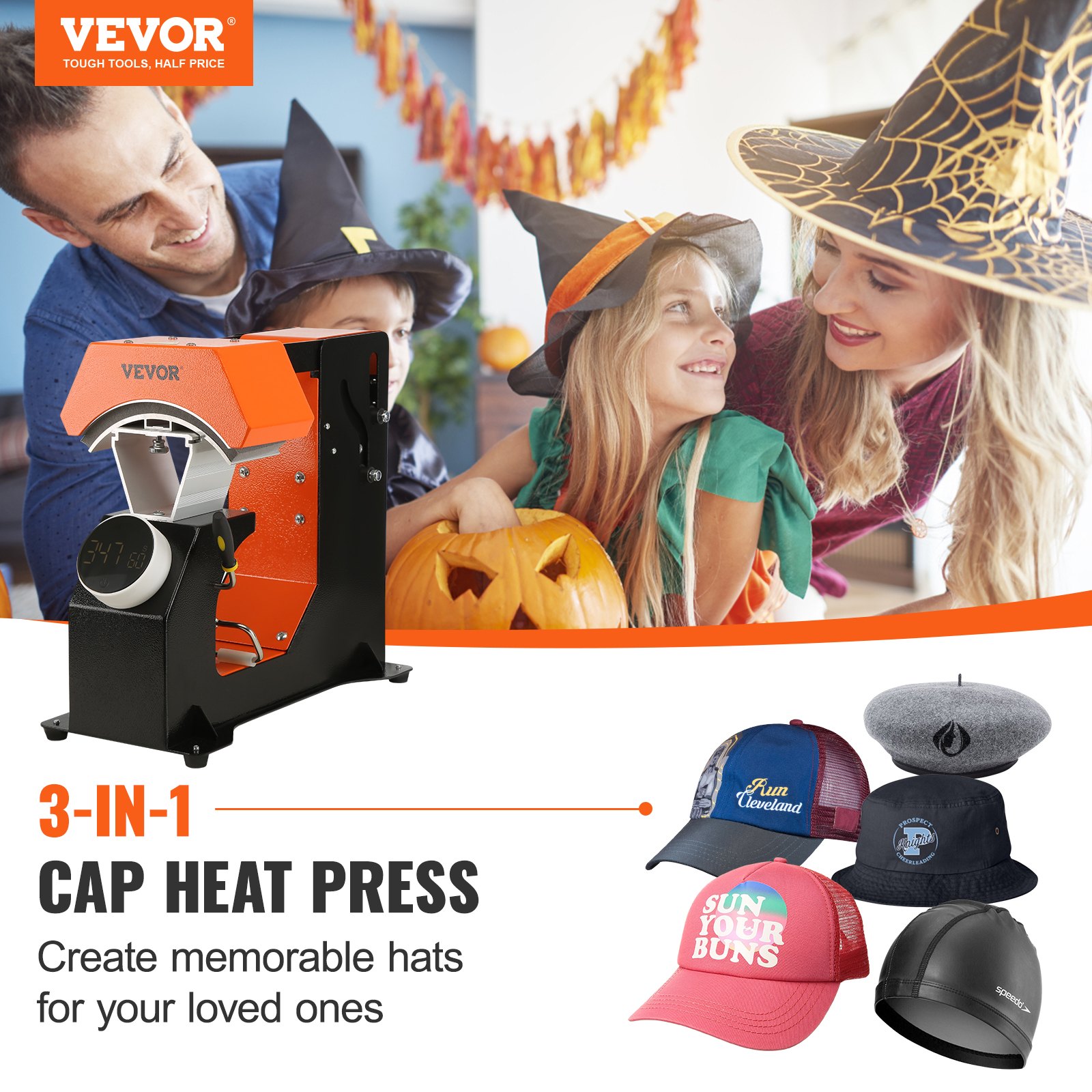 VEVOR 3-in-1 Auto Hat Heat Press with 3pcs Interchangeable Platens(6.6" x 2.7", 6.6" x 3.8", 6.1" x 3"), Automatic Release&amp;Press Knob-Style Digital Control Panel, Heat Transfer Printing for Caps