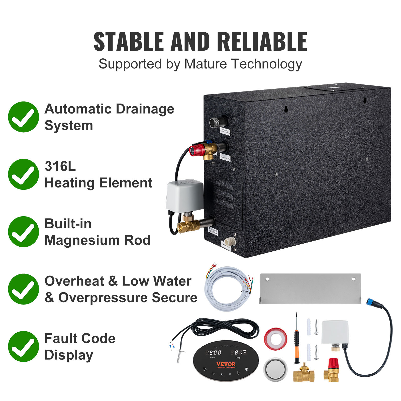 VEVOR Steam Shower Generator, 10.5 kW, Segmented Heating &amp; Temperature Customization &amp; 24h Timer Steam Bath Kit, Automatic Drainage Luxury Home Steam Shower System, Acrylic Room Max. 355 Cu. Ft.