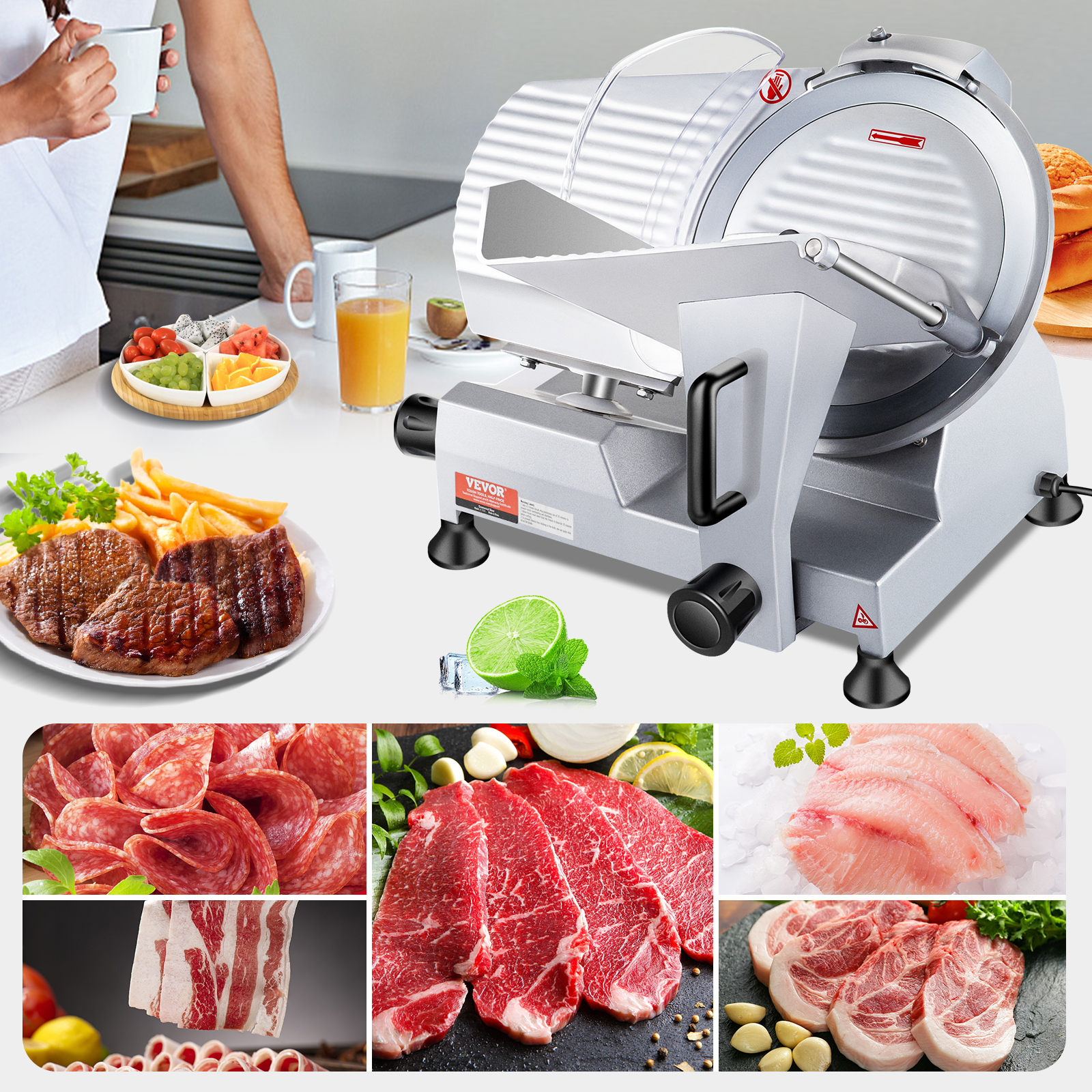 VEVOR 240W Commercial Meat Slicer, Electric Deli Food Slicer, 10" Carbon Steel Blade Electric Food Slicer, 350-400RPM Meat Slicer, 0 - 0.47 inch Thickness Adjustable for Commercial and Home Use