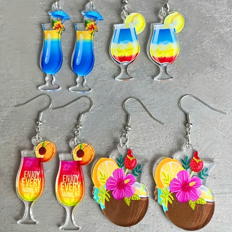 "Lxalry Vibrant Acrylic Tropical Cocktail Dangle Earrings, 3-Design Summer Jewelry Set with Hypoallergenic Hooks, Lightweight Fun Gift for Beach Parties &amp; Poolside Glamour "