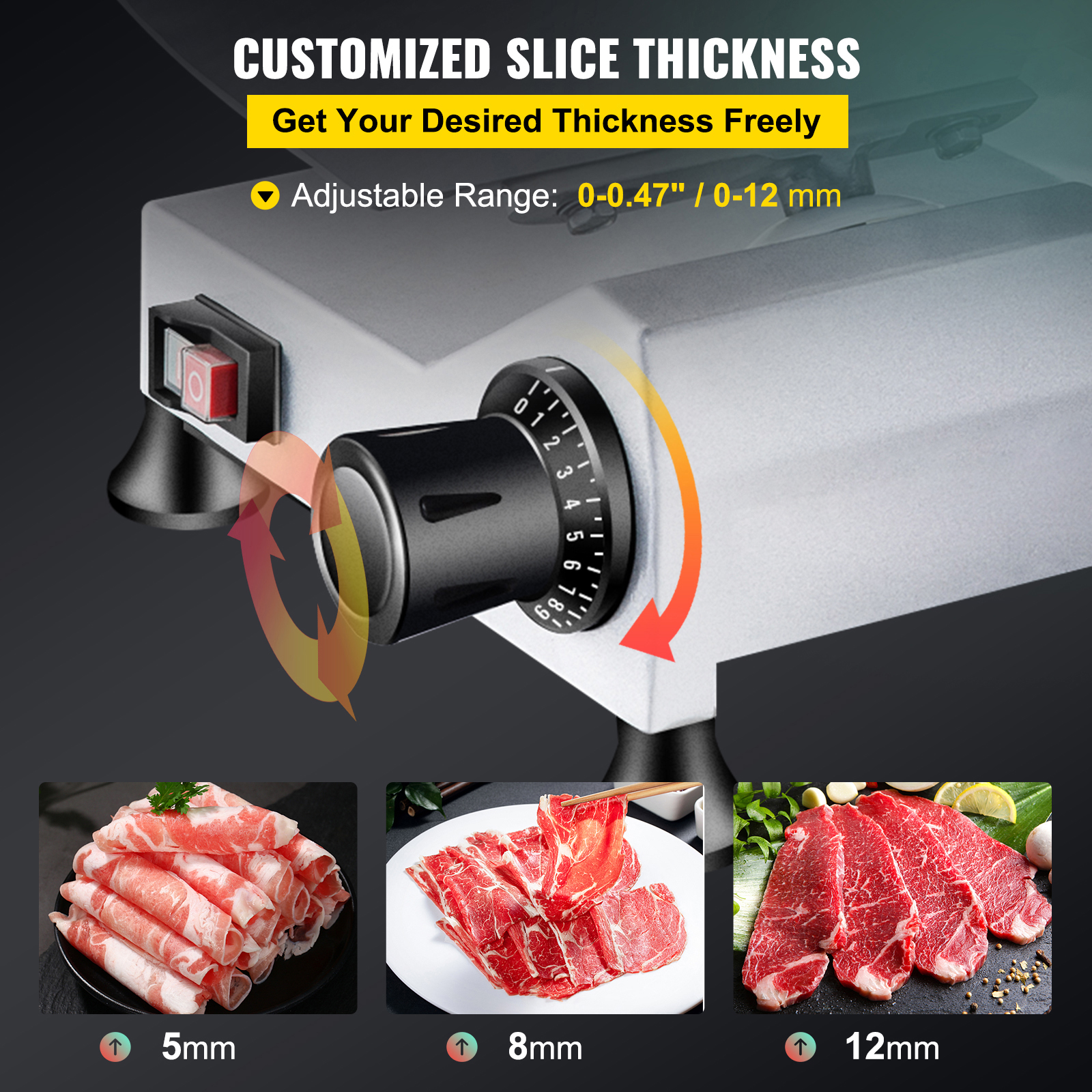 VEVOR 240W Commercial Meat Slicer, Electric Deli Food Slicer, 10" Carbon Steel Blade Electric Food Slicer, 350-400RPM Meat Slicer, 0 - 0.47 inch Thickness Adjustable for Commercial and Home Use
