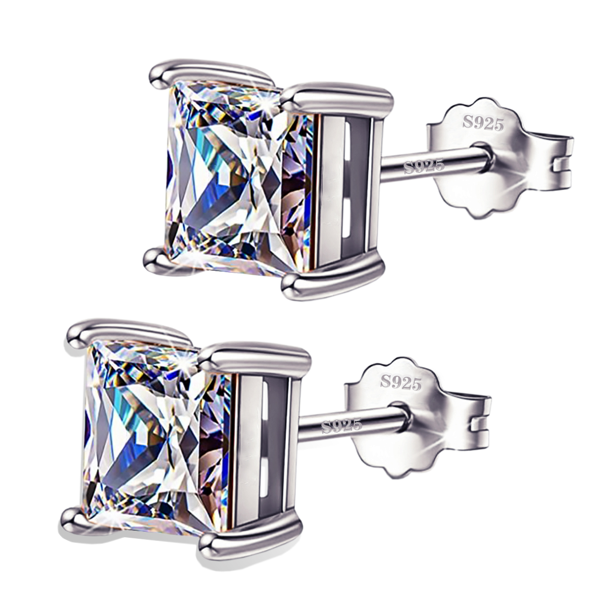 "Emma Manor 925 Sterling Silver Stud Earrings 4 Prong Princess Cut Square Cubic Zirconia Ear Stud for Women Men Girl CZ 4mm-7mm "