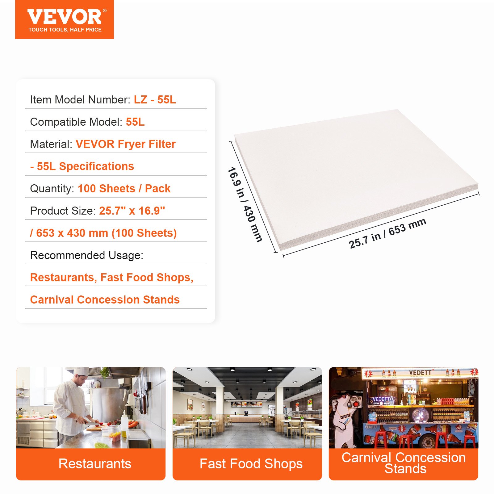 VEVOR Fryer Filter Paper, 100 Sheets, 25.7" x 16.9", Replacement Deep Fryer Filter Sheets for 55L Commercial Mobile Fryer Filter Machine, for Restaurant, Fast Food Shop, Carnival Concession Stand
