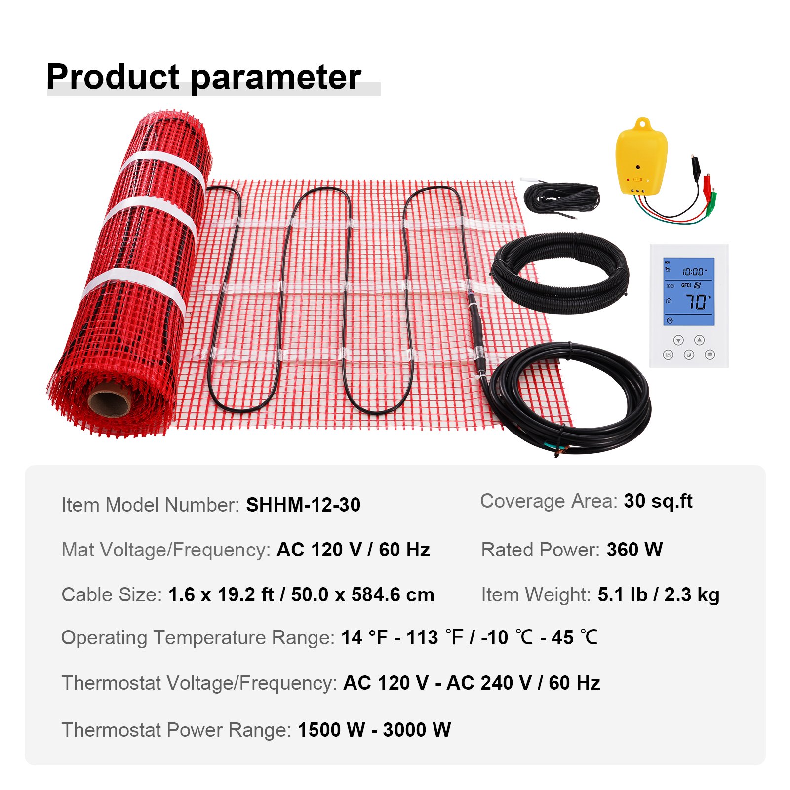 VEVOR Floor Heating Mat, 30 Sq.ft, Electric Radiant In-Floor Heated Warm System with Digital Floor Sensing Thermostat, Includes Installation Monitor, Adhesive Back for Easy Installation on The Floor
