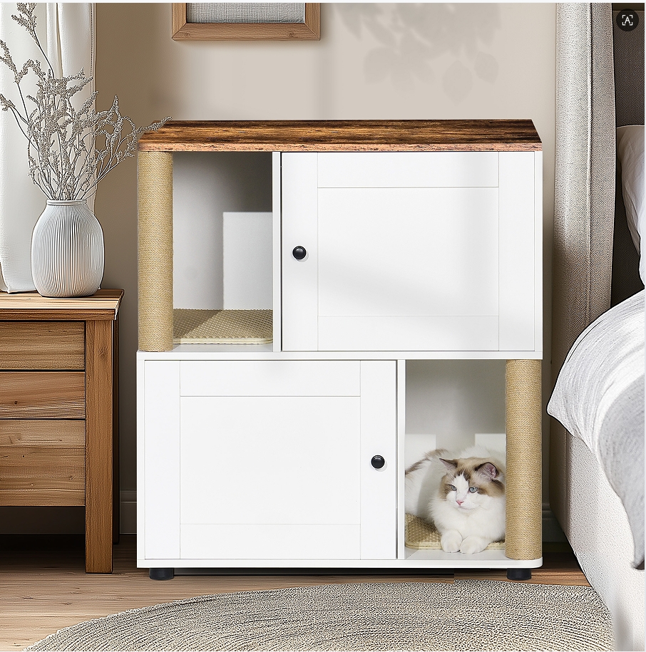 Double Cat Litter Box Enclouse,Cat Litter Box Enclosure for 2 Cats, Cat Litter Cabinet, Double Litter Box Enclosure with Shelve, Fit Most of Litter Box, White+Vintage