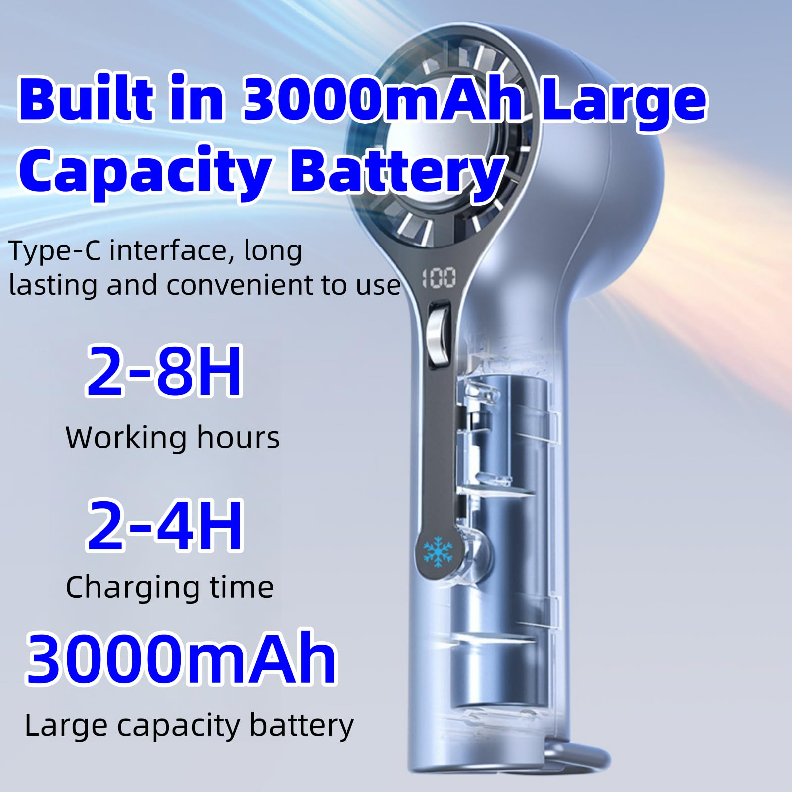 Handheld Fan with Ice Cooling, 3000mAh Rechargeable Personal Turbo Fan with Digital Display, 0-100 Adjustable Speed Mini Portable for Travel, Outdoor, Camping, Office, Working