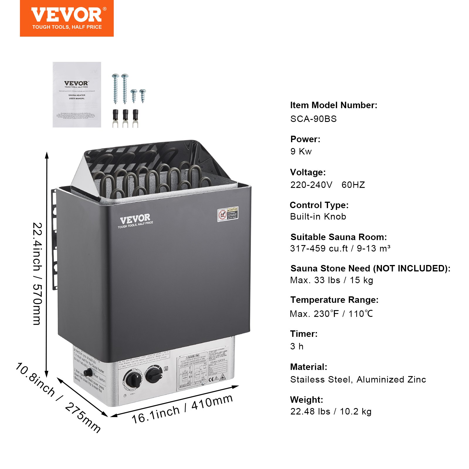 VEVOR 9KW Sauna Heater, Steam Bath Sauna Heater with Built-In Controls, Electric Sauna Stove, 3h Timer and Adjustable Temp for Max. 317-459 Cubic Feet, Home Hotel Spa Shower Use 220V, FCC Certification