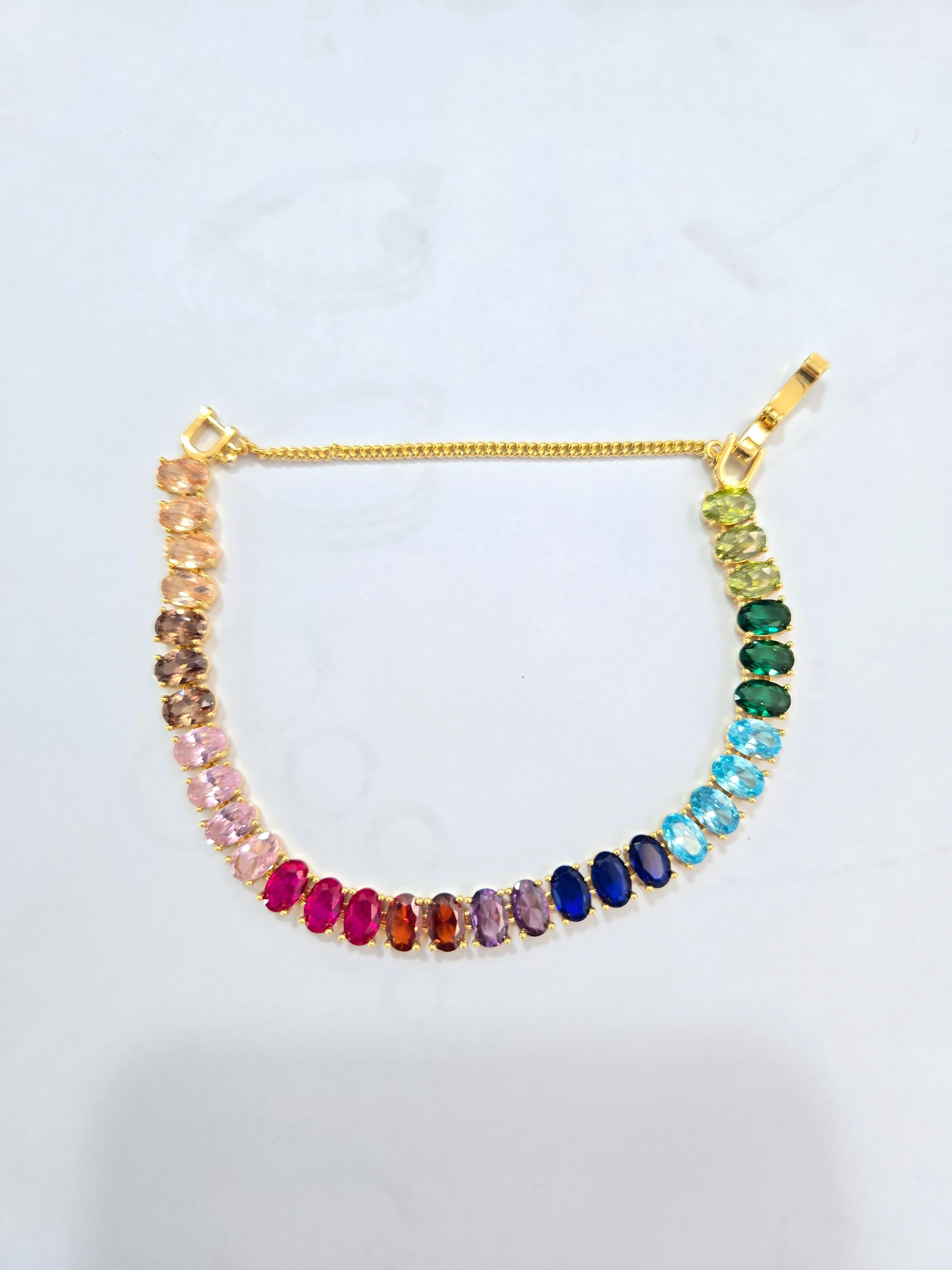 Lxalry 18K Gold Plated Copper Rainbow Zircon Bracelet – Colorful Gem Tennis Chain for Gifting &amp; Everyday Glam – Non-Tarnish, Hypoallergenic, Y2K Trending Jewelry