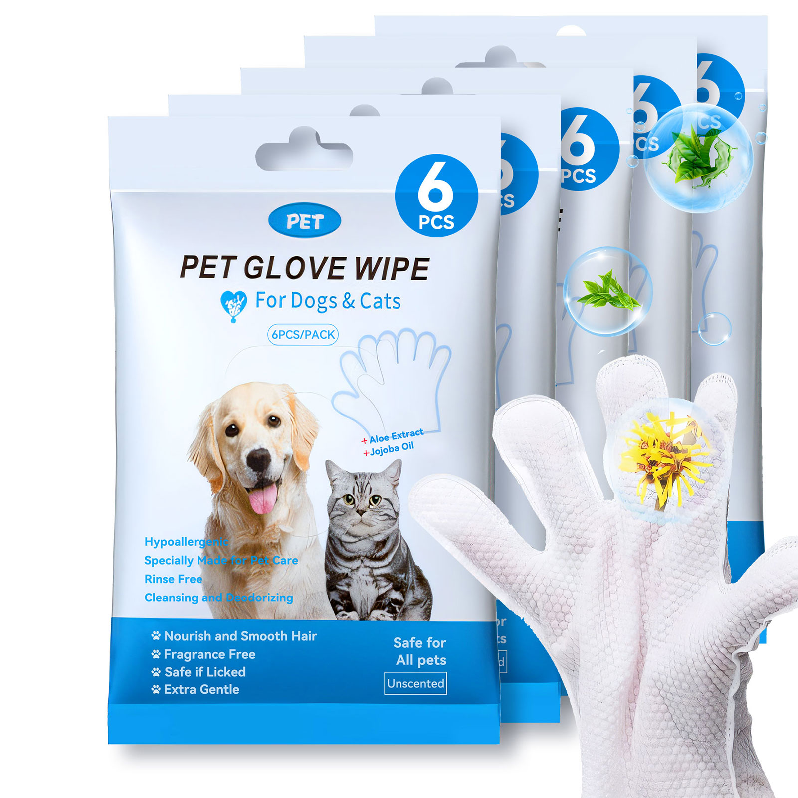 Cleaning Wipes Gloves for Dog and Cat,Pet Bathing Wipes Cleaning &amp; Deodorizing,Dog Wipes for Body Paws Butt Daily Care,Cat Grooming Wipes Cleaning Fur Traveling Rinse Free,6PCS/1PACK