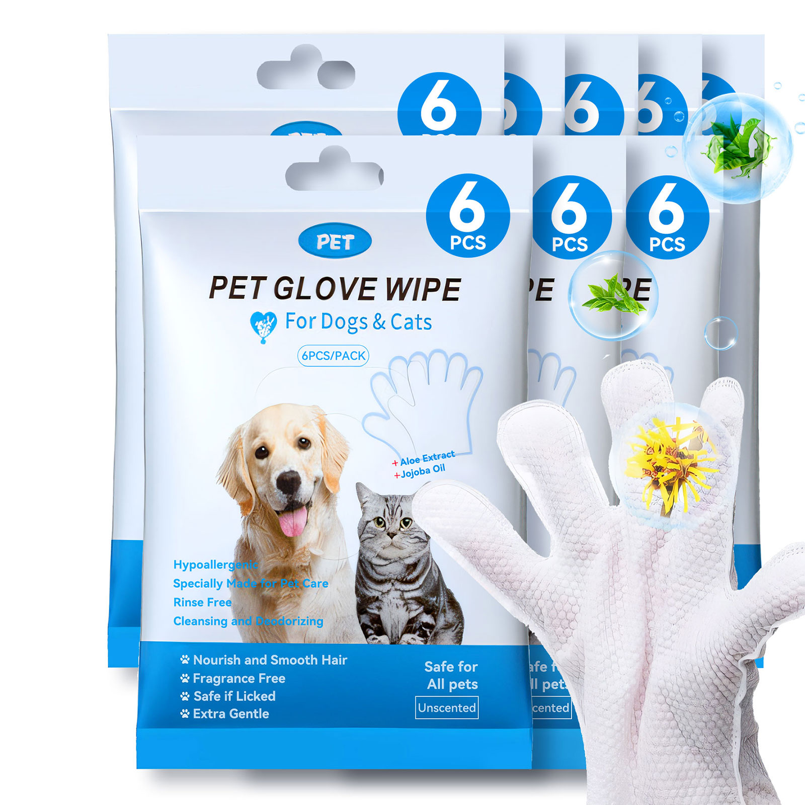 Cleaning Wipes Gloves for Dog and Cat,Pet Bathing Wipes Cleaning &amp; Deodorizing,Dog Wipes for Body Paws Butt Daily Care,Cat Grooming Wipes Cleaning Fur Traveling Rinse Free,6PCS/1PACK