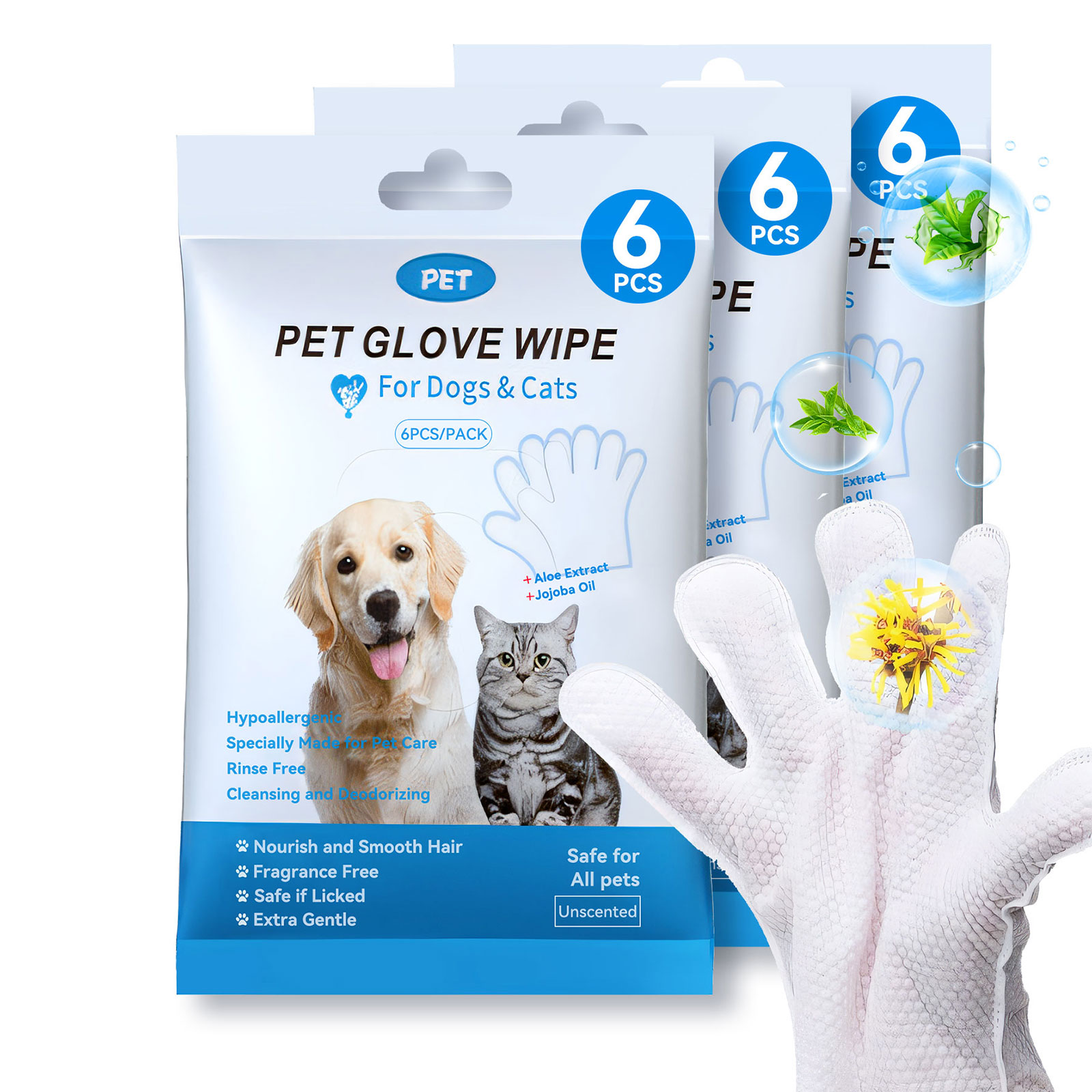 Cleaning Wipes Gloves for Dog and Cat,Pet Bathing Wipes Cleaning &amp; Deodorizing,Dog Wipes for Body Paws Butt Daily Care,Cat Grooming Wipes Cleaning Fur Traveling Rinse Free,6PCS/1PACK