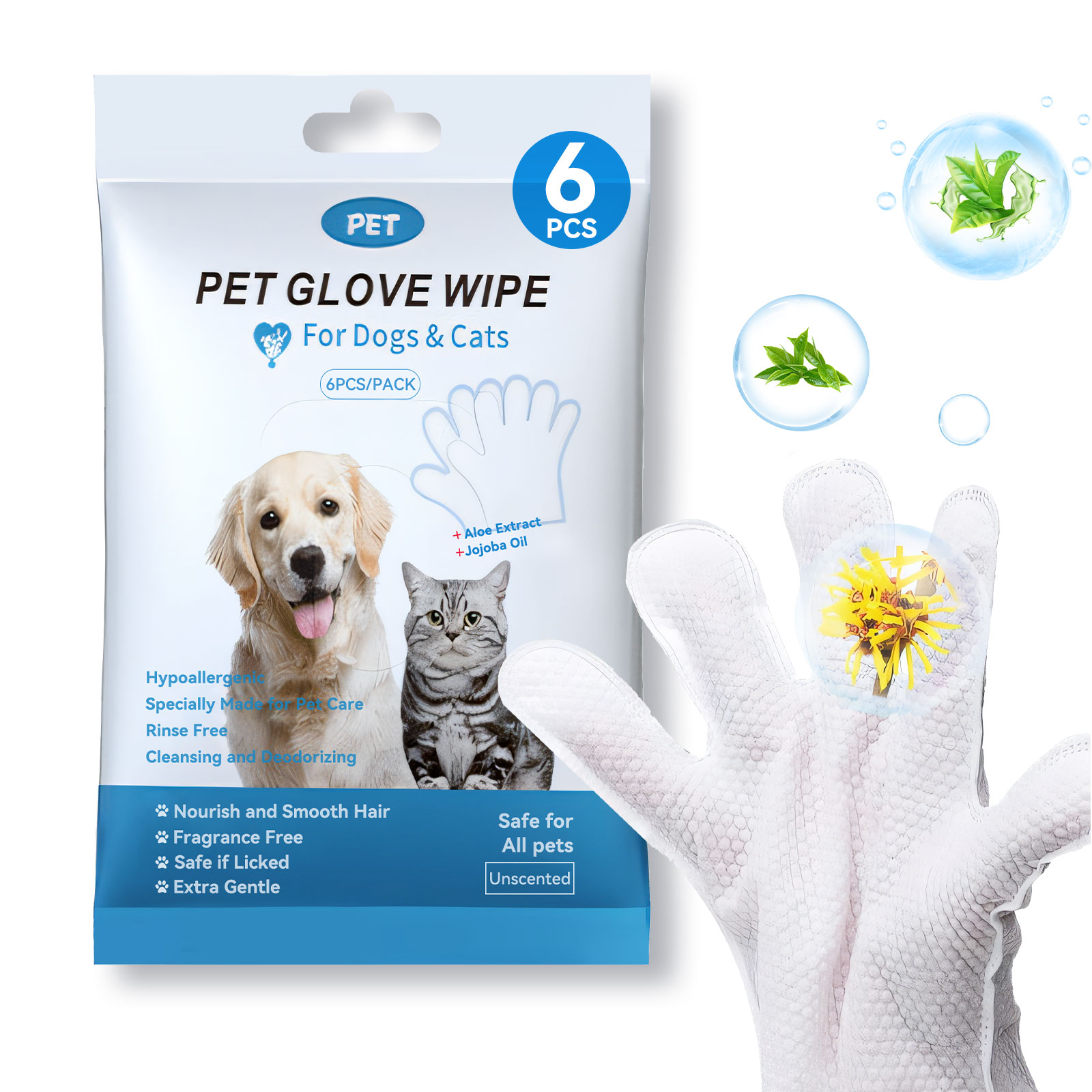 Cleaning Wipes Gloves for Dog and Cat,Pet Bathing Wipes Cleaning &amp; Deodorizing,Dog Wipes for Body Paws Butt Daily Care,Cat Grooming Wipes Cleaning Fur Traveling Rinse Free,6PCS/1PACK