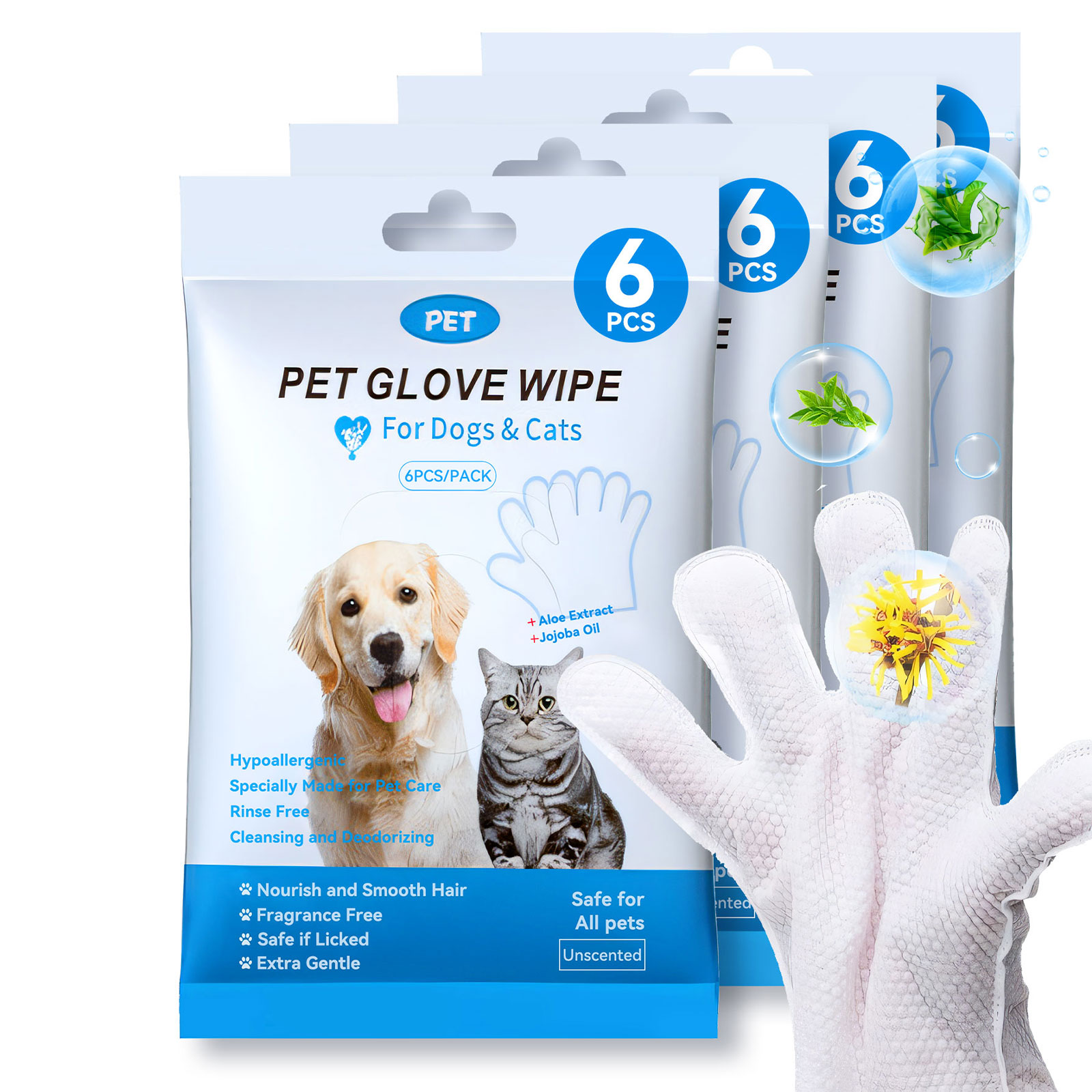 Cleaning Wipes Gloves for Dog and Cat,Pet Bathing Wipes Cleaning & Deodorizing,Dog Wipes for Body Paws Butt Daily Care,Cat Grooming Wipes Cleaning Fur Traveling Rinse Free,6PCS/1PACK