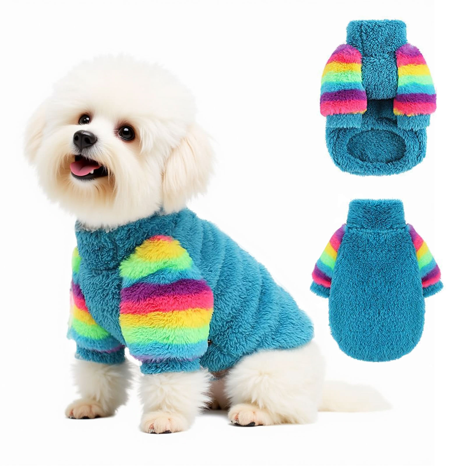Dog Jumpsuits for Small Dog Winter Warm Velvet Turtleneck Sweater Pet Clothes with Rainbow Sleeves