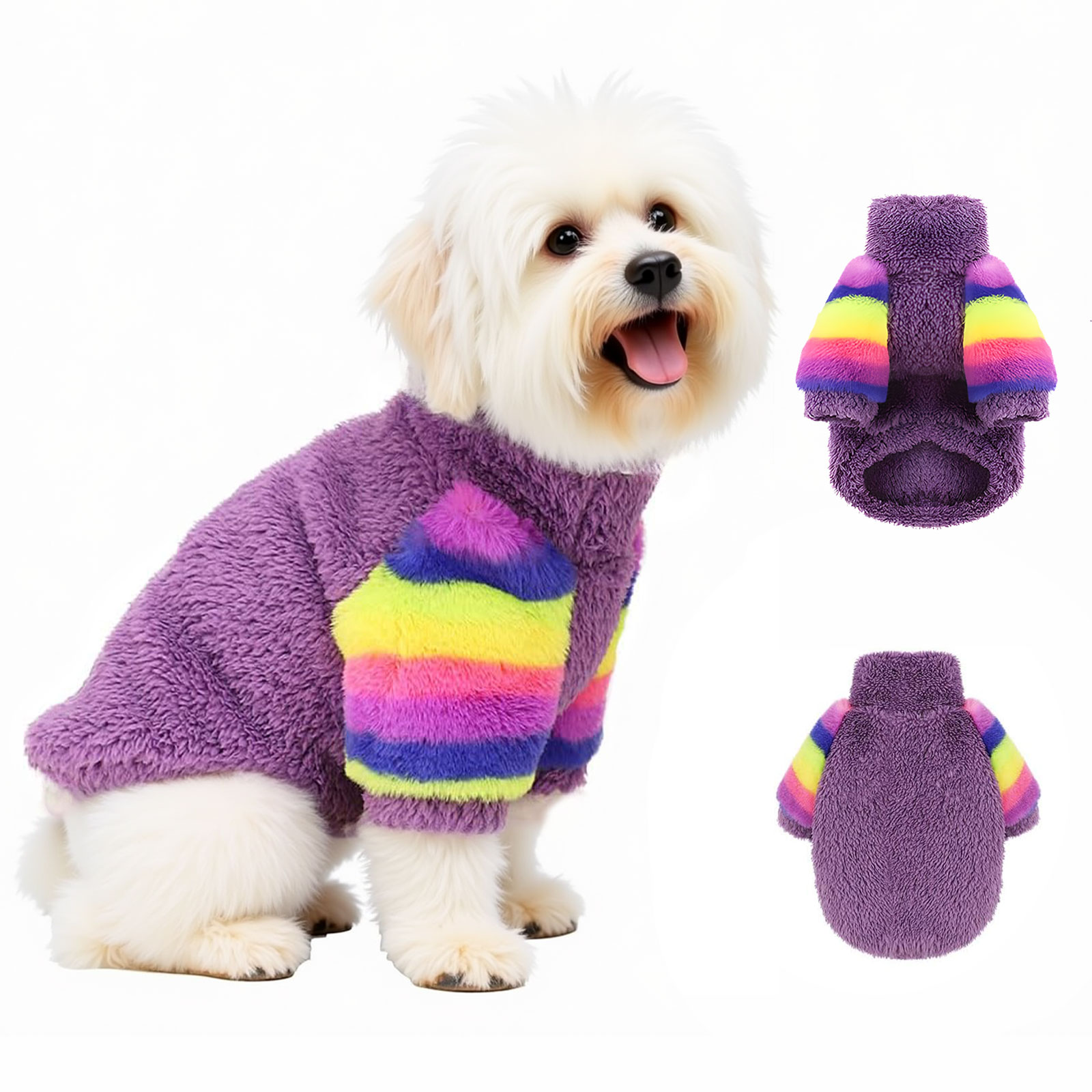 Dog Jumpsuits for Small Dog Winter Warm Velvet Turtleneck Sweater Pet Clothes with Rainbow Sleeves