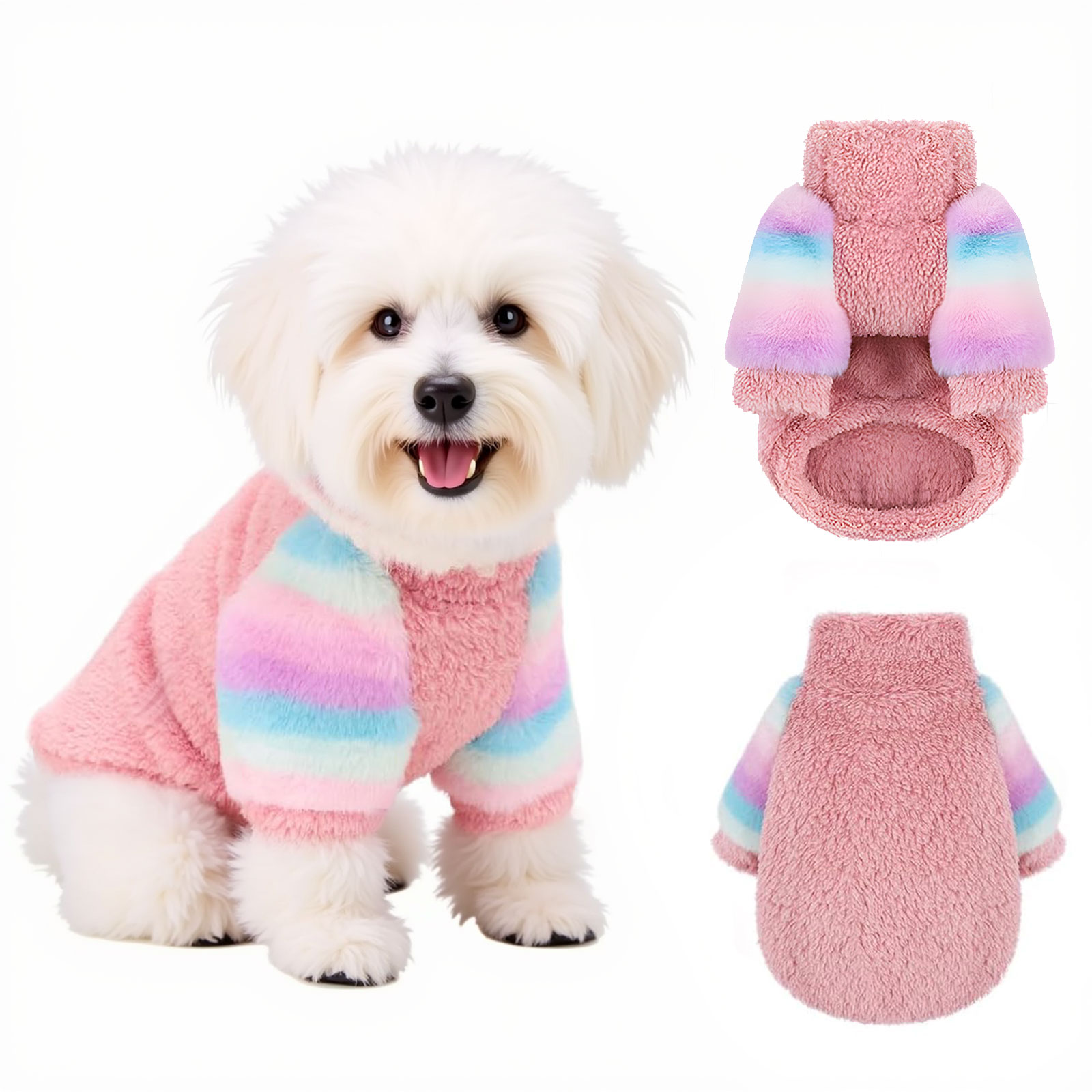 Dog Jumpsuits for Small Dog Winter Warm Velvet Turtleneck Sweater Pet Clothes with Rainbow Sleeves