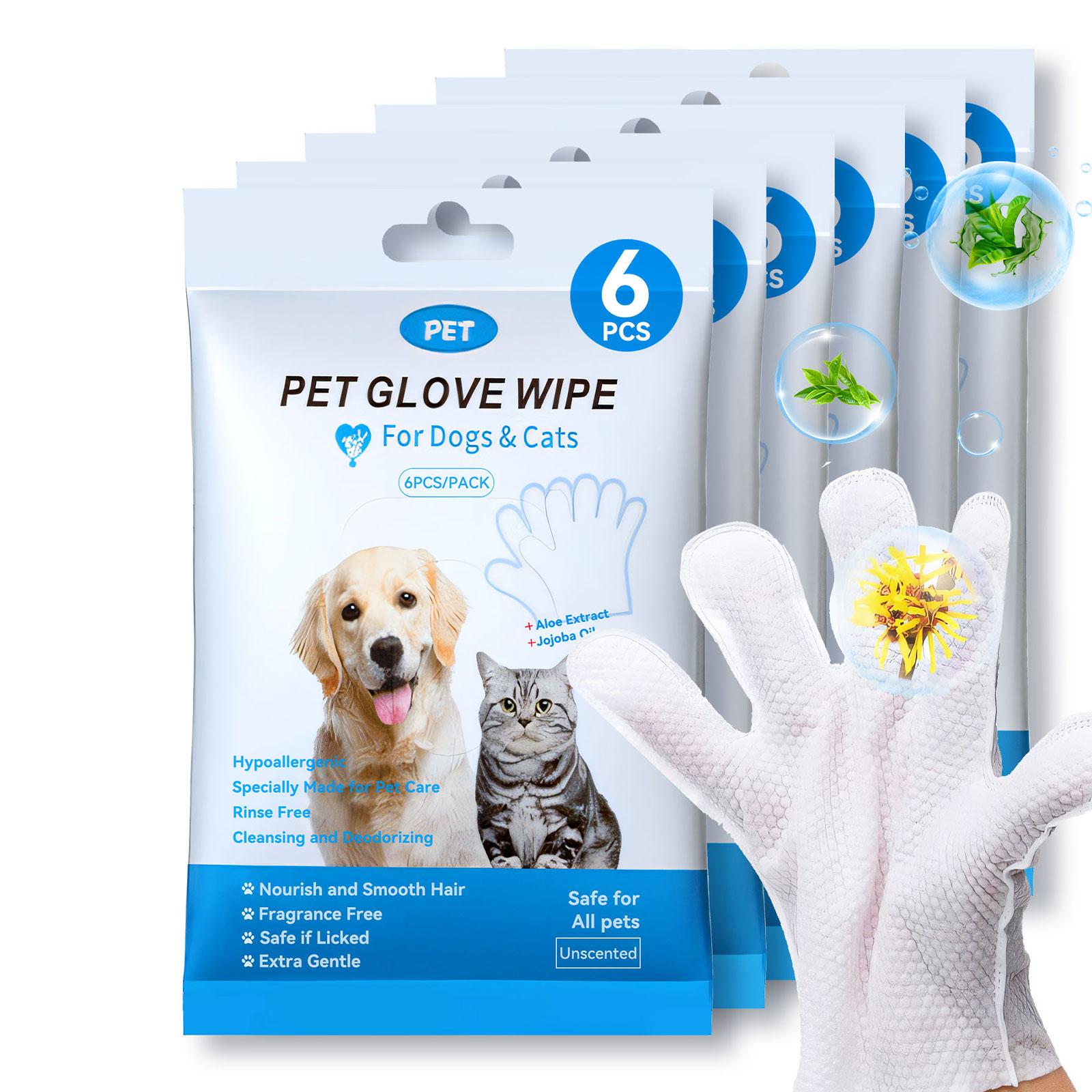 Cleaning Wipes Gloves for Dog and Cat,Pet Bathing Wipes Cleaning & Deodorizing,Dog Wipes for Body Paws Butt Daily Care,Cat Grooming Wipes Cleaning Fur Traveling Rinse Free,6PCS/1PACK