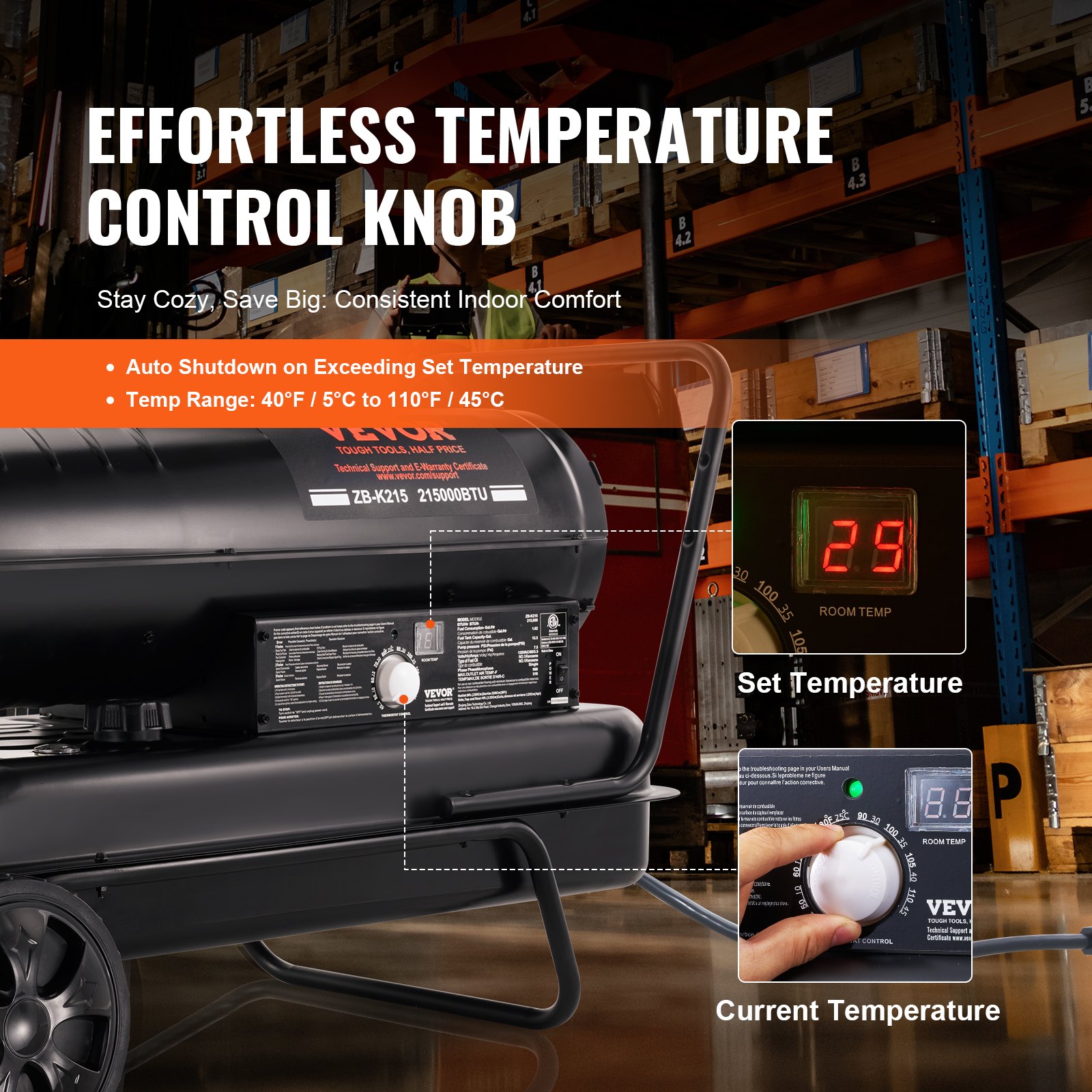 VEVOR Kerosene Forced Air Heater, 215000 BTU Portable Torpedo Diesel Space Heater with Thermostat, 13.2 Gallon Tank Energy-Efficient heavy-duty Heater, for Indoor Outdoor Use Workshop Industry