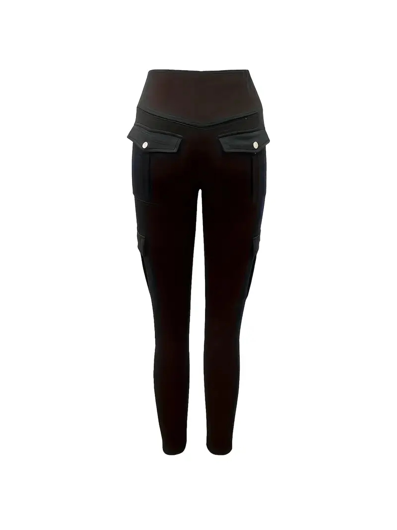 Women's High Waist Yoga Pants One Piece Set with Pocket - Stretch Running Pants, Button Design, Solid Colors (Black, Date Red, Grey), Practical Flip Pocket, Comfortable Polyester Blended Fabric