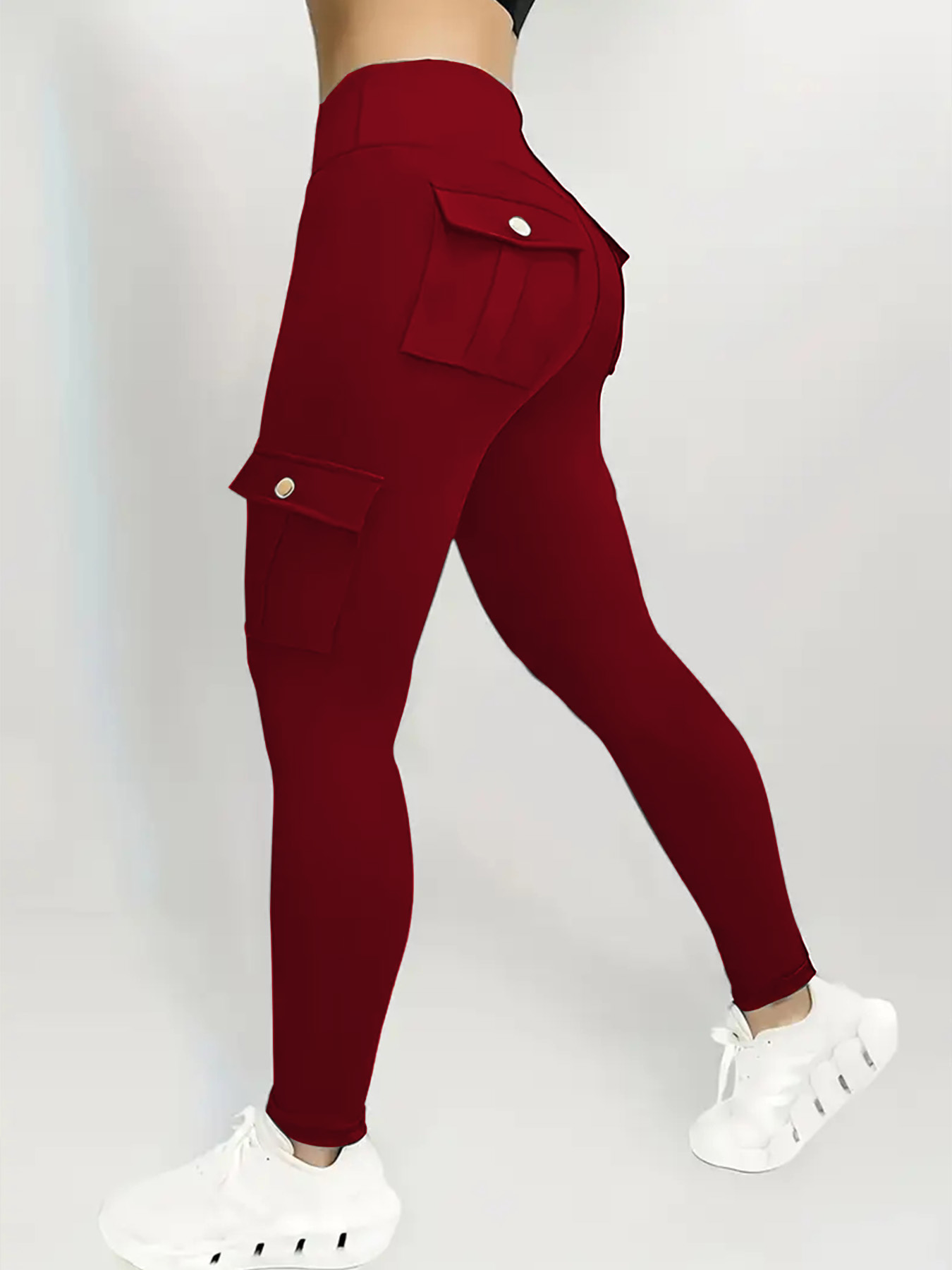 Women's High Waist Yoga Pants One Piece Set with Pocket - Stretch Running Pants, Button Design, Solid Colors (Black, Date Red, Grey), Practical Flip Pocket, Comfortable Polyester Blended Fabric