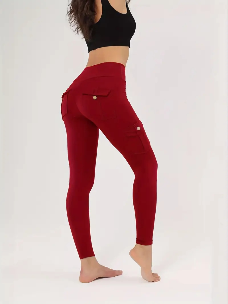 Women's High Waist Yoga Pants One Piece Set with Pocket - Stretch Running Pants, Button Design, Solid Colors (Black, Date Red, Grey), Practical Flip Pocket, Comfortable Polyester Blended Fabric