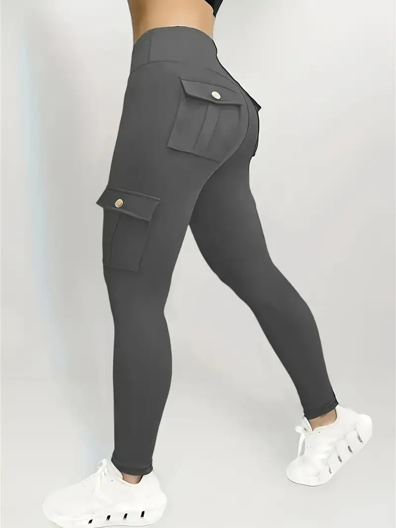 Women's High Waist Yoga Pants One Piece Set with Pocket - Stretch Running Pants, Button Design, Solid Colors (Black, Date Red, Grey), Practical Flip Pocket, Comfortable Polyester Blended Fabric