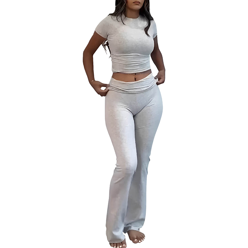 Casual Workout Two Piece Outfits for Women Short Sleeve Crop High Waist Foldover Flare Pants Tracksuit Sets Streetwear