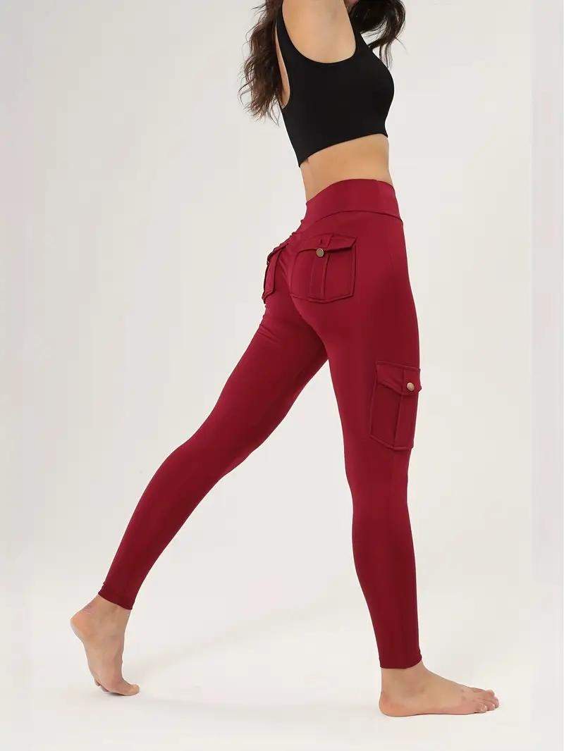 Women's High Waist Yoga Pants One Piece Set with Pocket - Stretch Running Pants, Button Design, Solid Colors (Black, Date Red, Grey), Practical Flip Pocket, Comfortable Polyester Blended Fabric