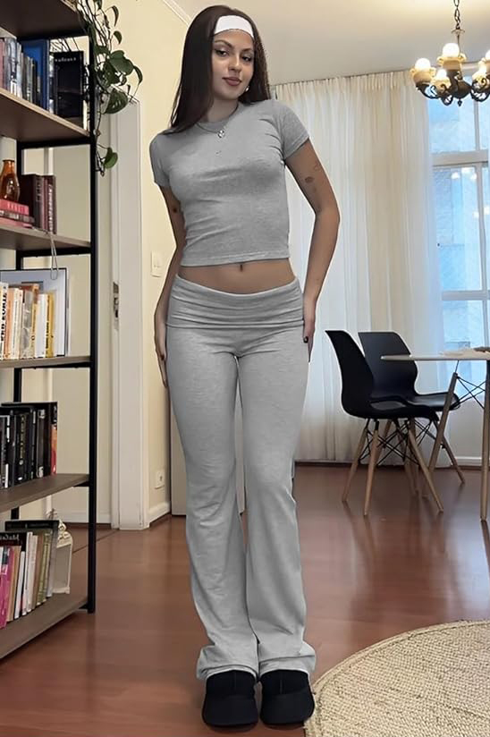 Casual Workout Two Piece Outfits for Women Short Sleeve Crop High Waist Foldover Flare Pants Tracksuit Sets Streetwear
