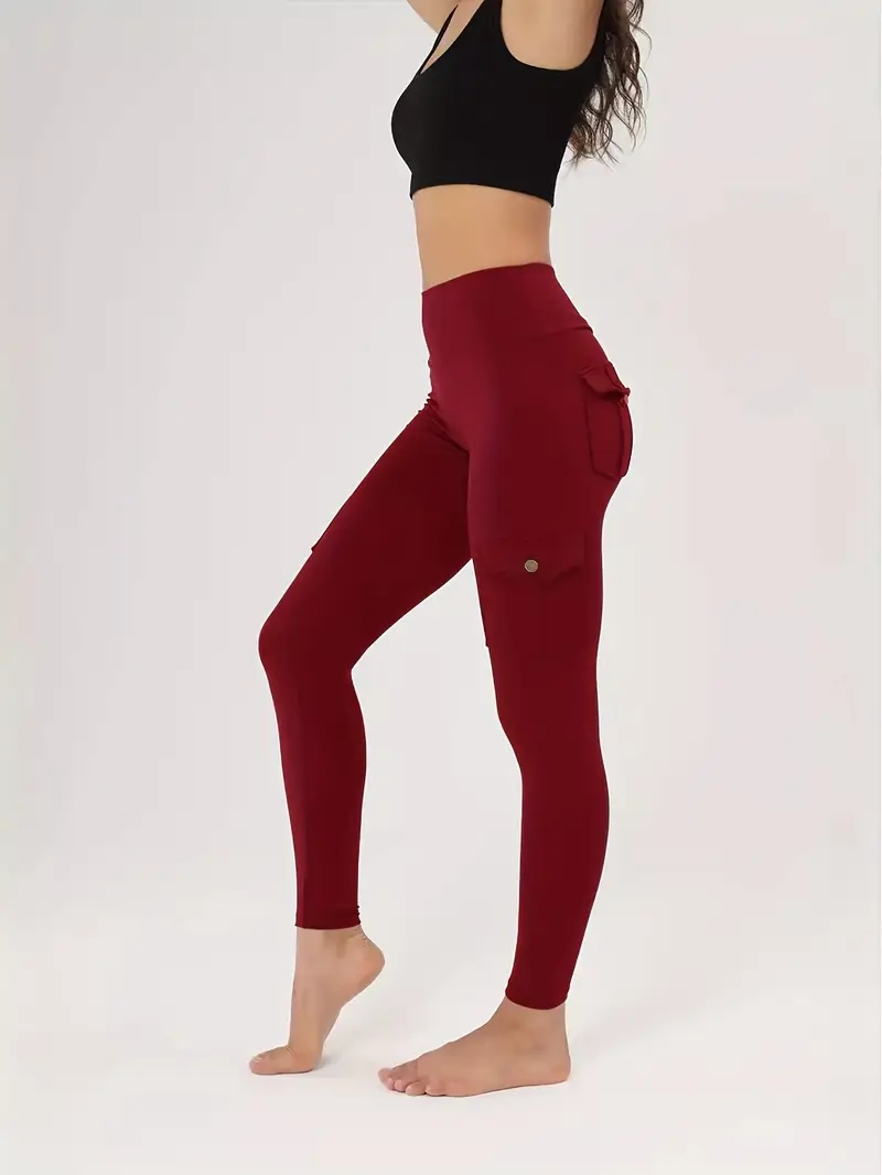 Women's High Waist Yoga Pants One Piece Set with Pocket - Stretch Running Pants, Button Design, Solid Colors (Black, Date Red, Grey), Practical Flip Pocket, Comfortable Polyester Blended Fabric