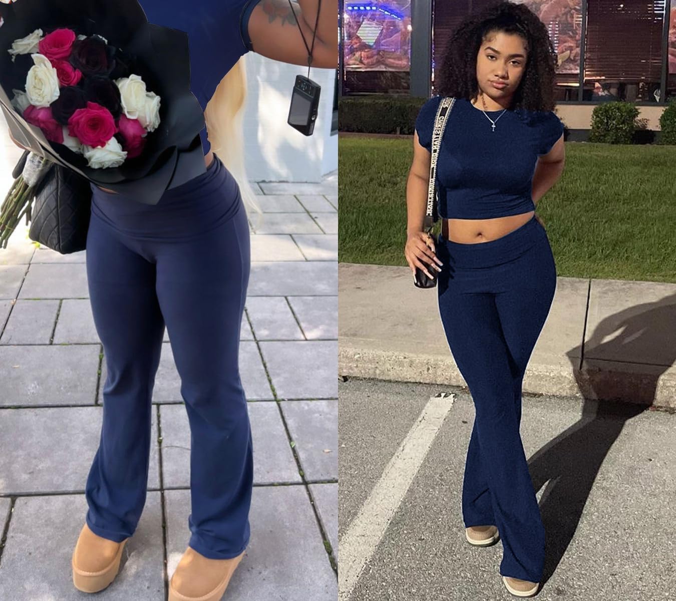 Casual Workout Two Piece Outfits for Women Short Sleeve Crop High Waist Foldover Flare Pants Tracksuit Sets Streetwear