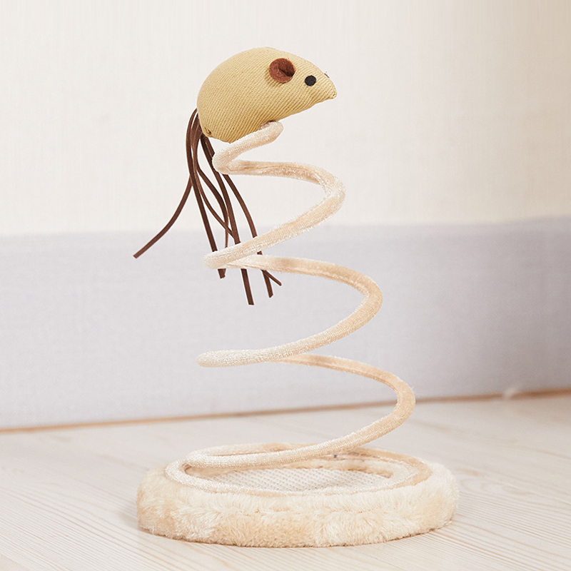 Interactive Cat Toy – Fabric Mouse with Spring Coil and Plush Base, Bouncy Teaser for Indoor Cats &amp; Kittens, Beige