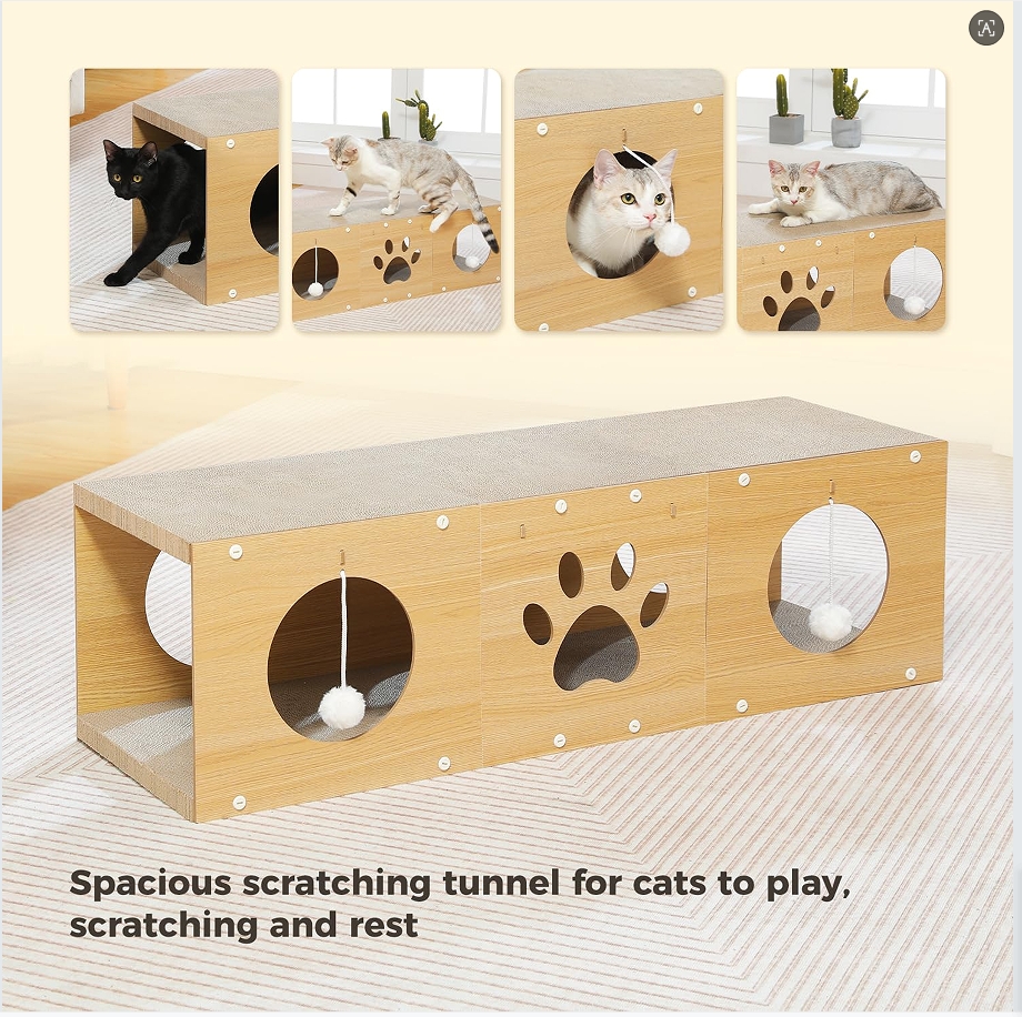 MUlti-Hole Fun Cat tunnel with scratching board and Game Pom Pom Cat tunnel House, Interactive Cat scratching House, Self-improvement Drilling Hole Teaser, must-have for Multi-Cat Families