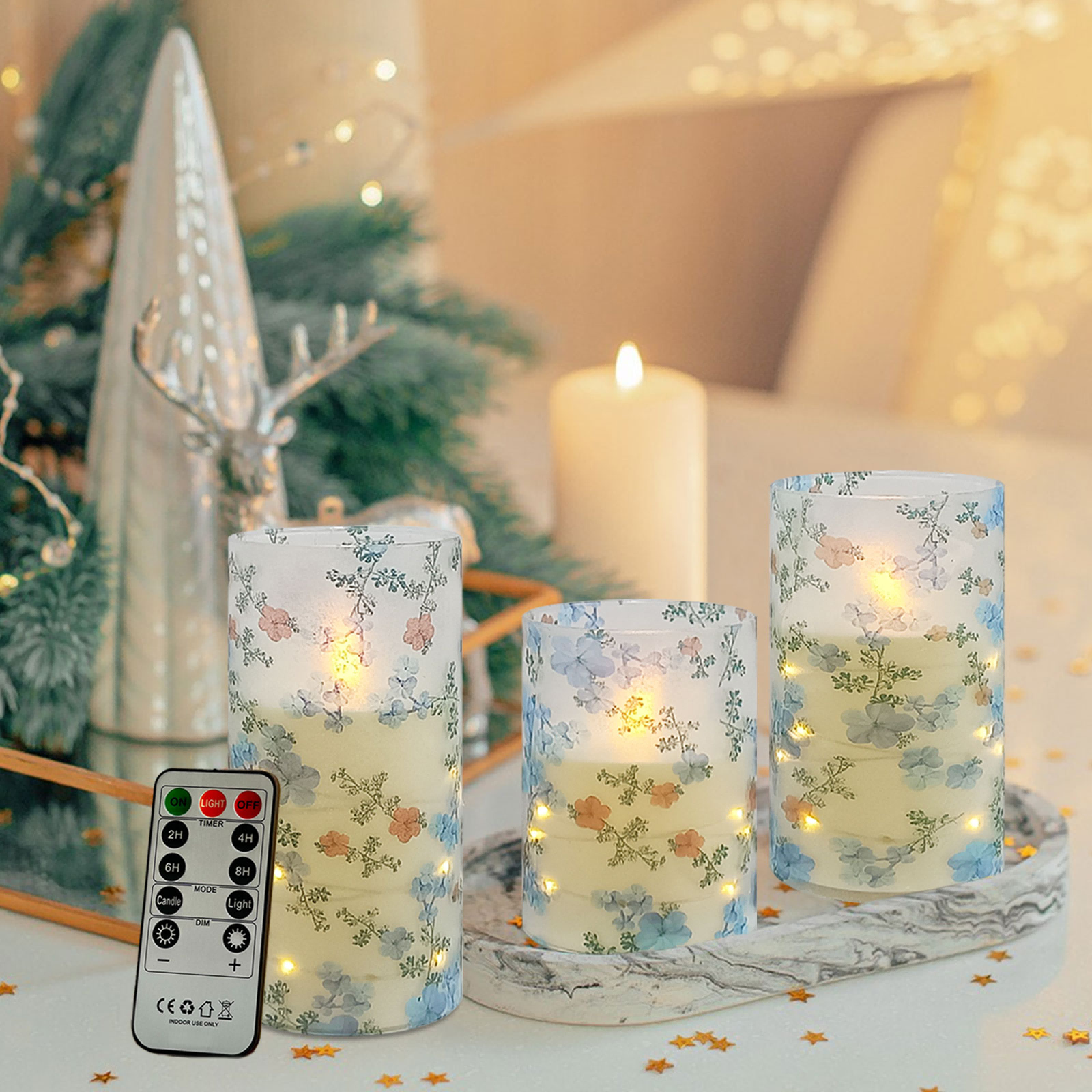 3-piece copper wire light LED candle light blue and white porcelain print with remote control 4"/5"/6", recessed flashing light string, adjustable, battery-operated flameless candle, suitable for Christmas, Valentine's Day, Halloween desktop decoration