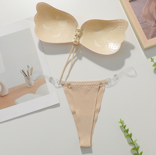 Viomisha 1 Set Women Sticky Bra And Thong Briefs Backless Strapless Bra Push Up Breathable Underwear Adhesive Invisible Lift Up Bras.