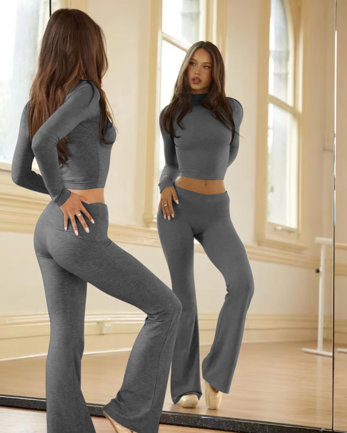 Casual Workout Two Piece Outfits for Women Long Sleeve Crop High Waist Foldover Flare Pants Tracksuit Sets Streetwear