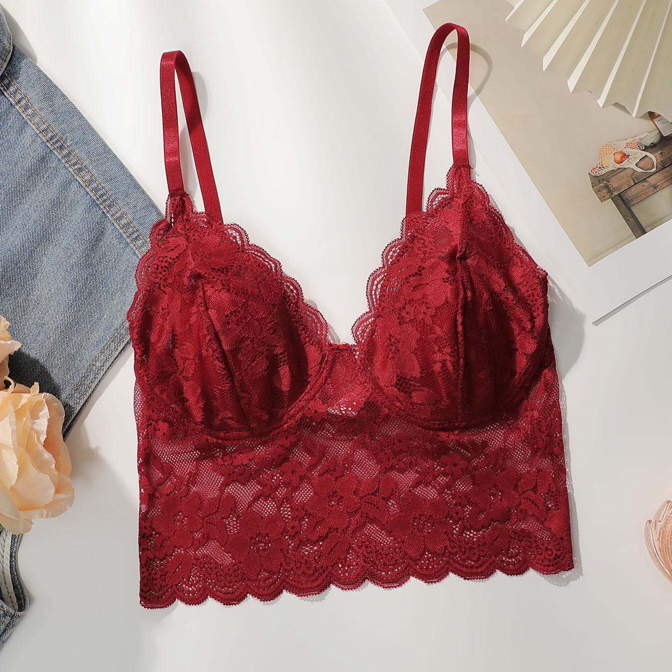 Viomisha Women's Semi-Sheer Floral Lace Bodycon Bra, Scallop Trim Elegant Lingerie, Elegant Comfortable Breathable Lingerie, Bra Contrast Mesh Hollow Crop Top Bra.