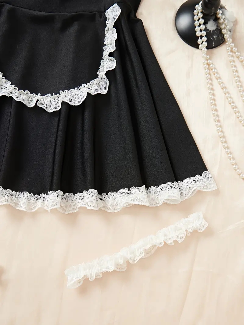 Cute maid cosplay costumes, ladies sexy lingerie and panties, lace contrast color cross strap dresses and thongs and chokers and leg socks