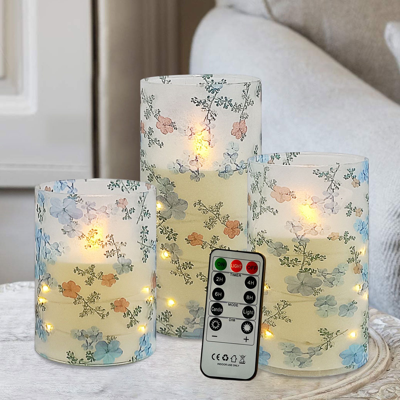 3-piece copper wire light LED candle light blue and white porcelain print with remote control 4"/5"/6", recessed flashing light string, adjustable, battery-operated flameless candle, suitable for Christmas, Valentine's Day, Halloween desktop decoration