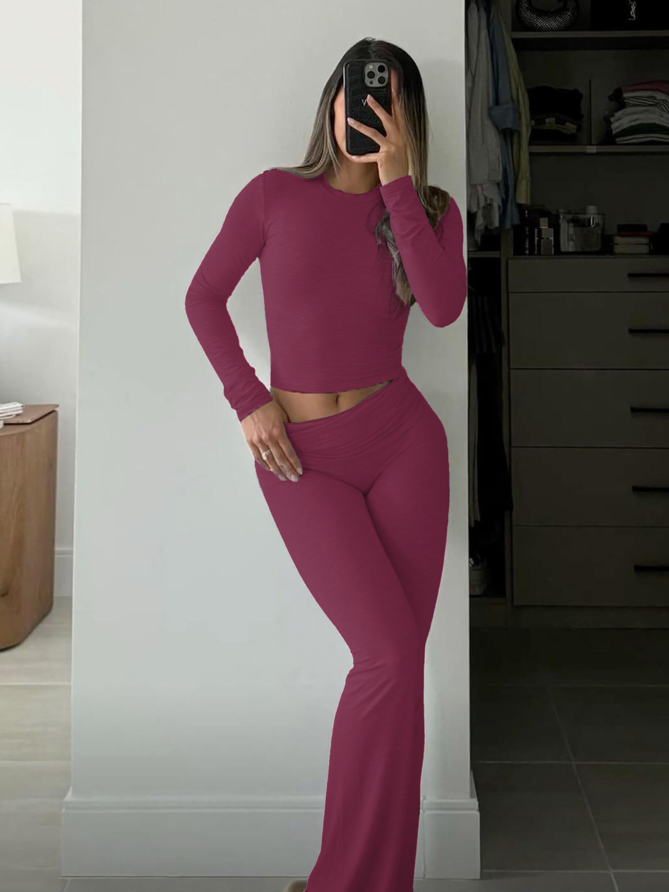 Casual Workout Two Piece Outfits for Women Long Sleeve Crop High Waist Foldover Flare Pants Tracksuit Sets Streetwear