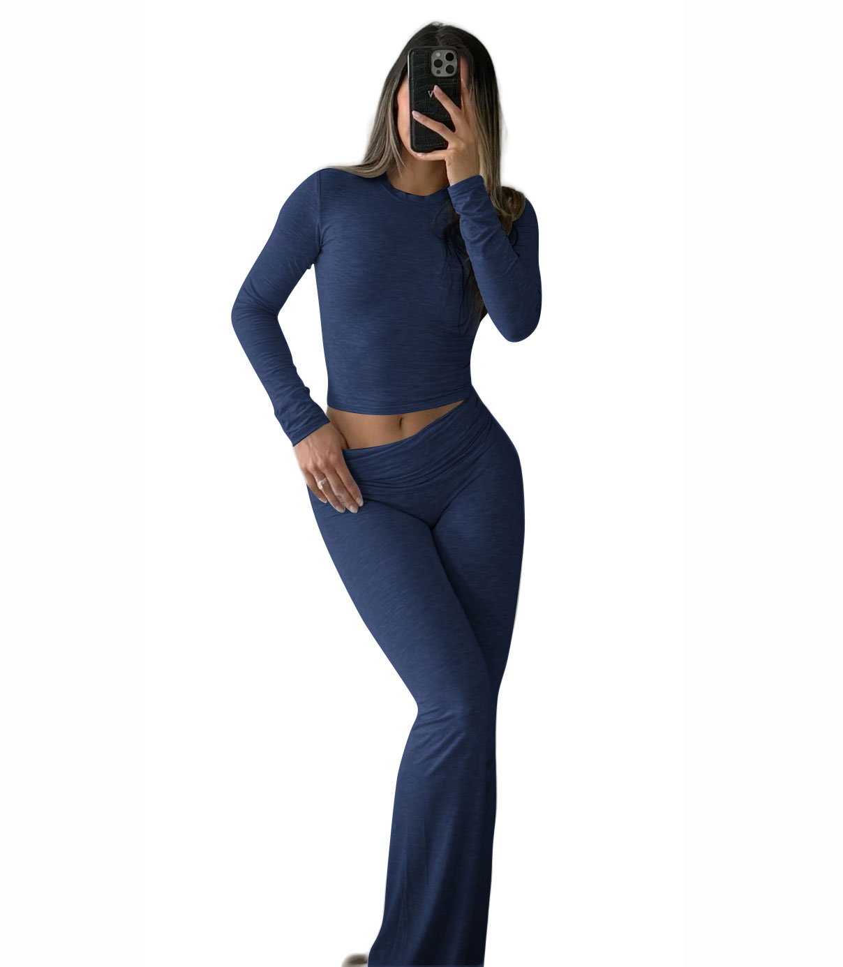 Casual Workout Two Piece Outfits for Women Long Sleeve Crop High Waist Foldover Flare Pants Tracksuit Sets Streetwear