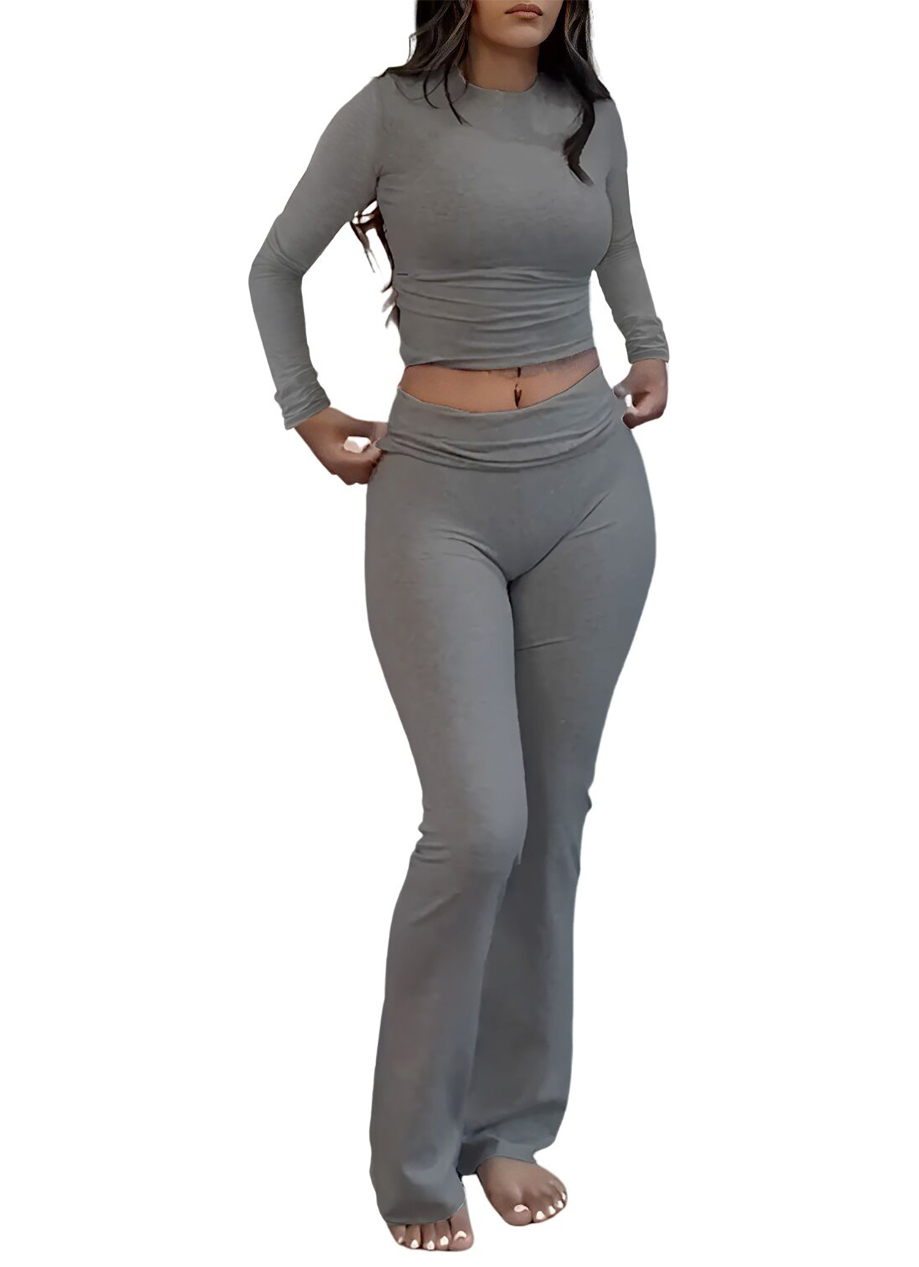 Casual Workout Two Piece Outfits for Women Long Sleeve Crop High Waist Foldover Flare Pants Tracksuit Sets Streetwear