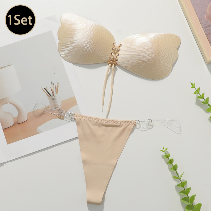 Viomisha 1 Set Women Sticky Bra And Thong Briefs Backless Strapless Bra Push Up Breathable Underwear Adhesive Invisible Lift Up Bras.