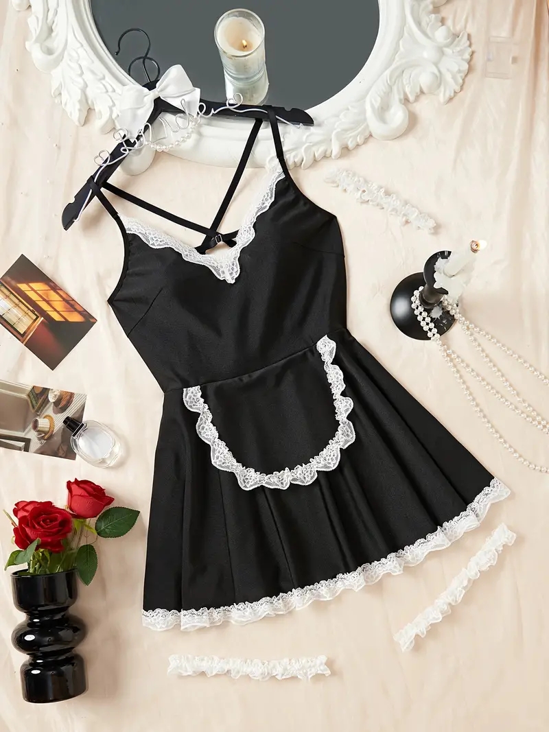 Cute maid cosplay costumes, ladies sexy lingerie and panties, lace contrast color cross strap dresses and thongs and chokers and leg socks