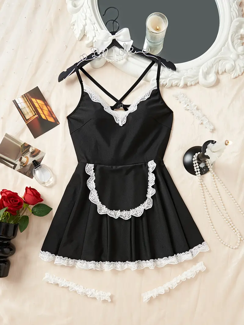 Cute maid cosplay costumes, ladies sexy lingerie and panties, lace contrast color cross strap dresses and thongs and chokers and leg socks