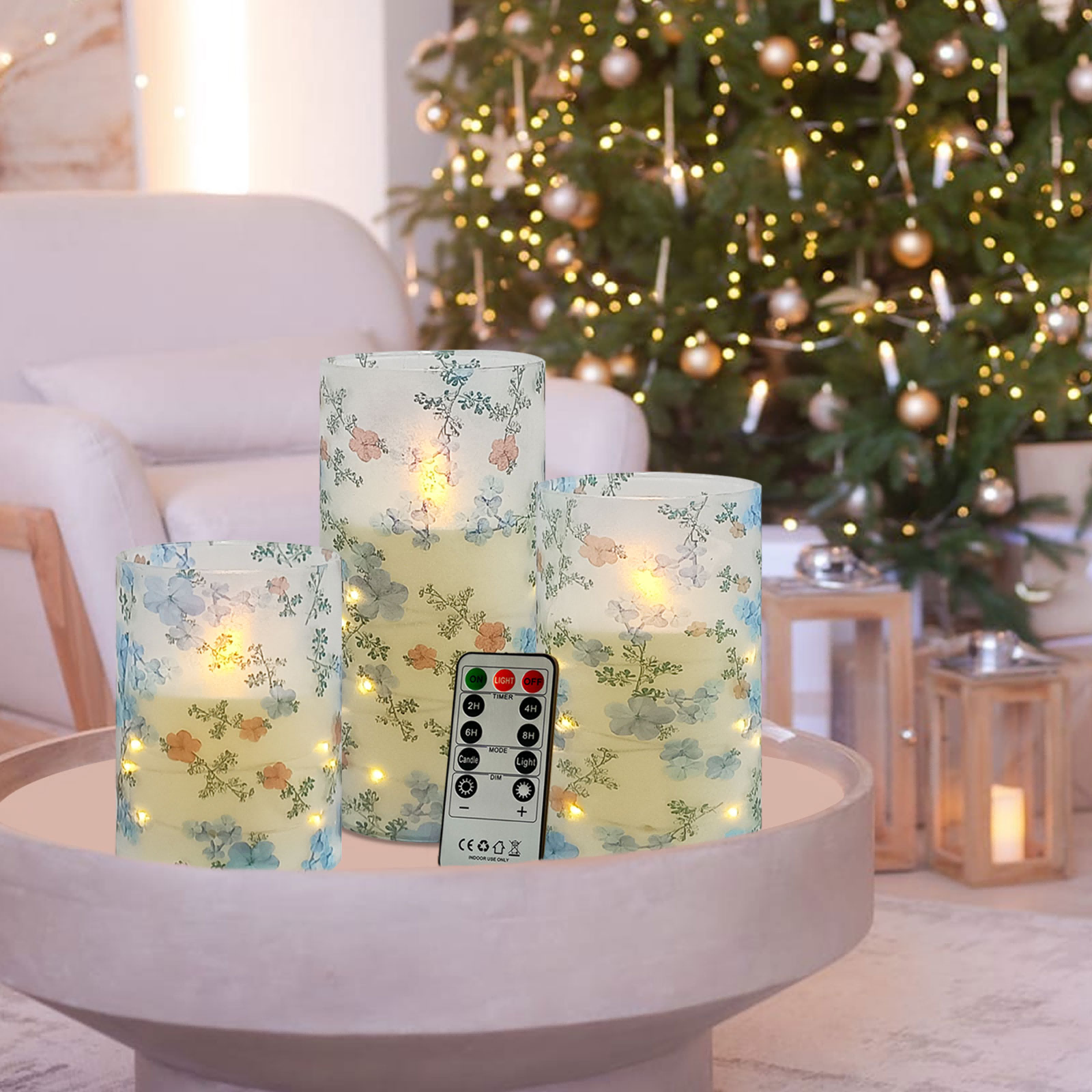3-piece copper wire light LED candle light blue and white porcelain print with remote control 4"/5"/6", recessed flashing light string, adjustable, battery-operated flameless candle, suitable for Christmas, Valentine's Day, Halloween desktop decoration